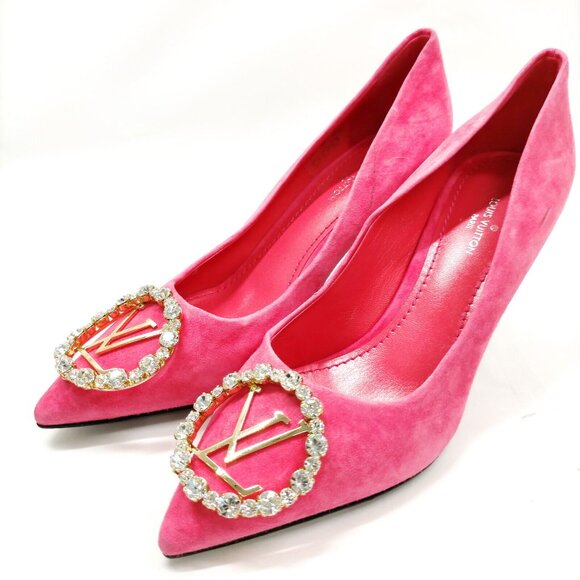 Louis Vuitton Shoes - Louis Vuitton Madeleine Raspberry Pink Suede & Crystal Logo Heels Size 35 / US 5